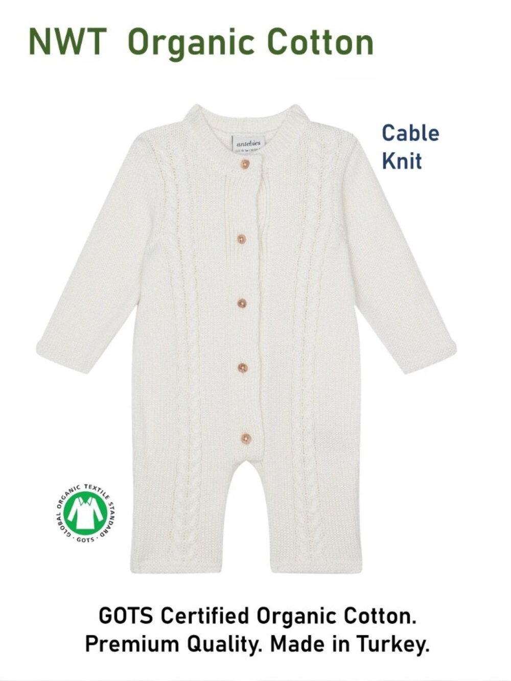 ANTEBIES ORGANIC ECRU CABLE KNIT SWEATER ROMPER - size 0-3M